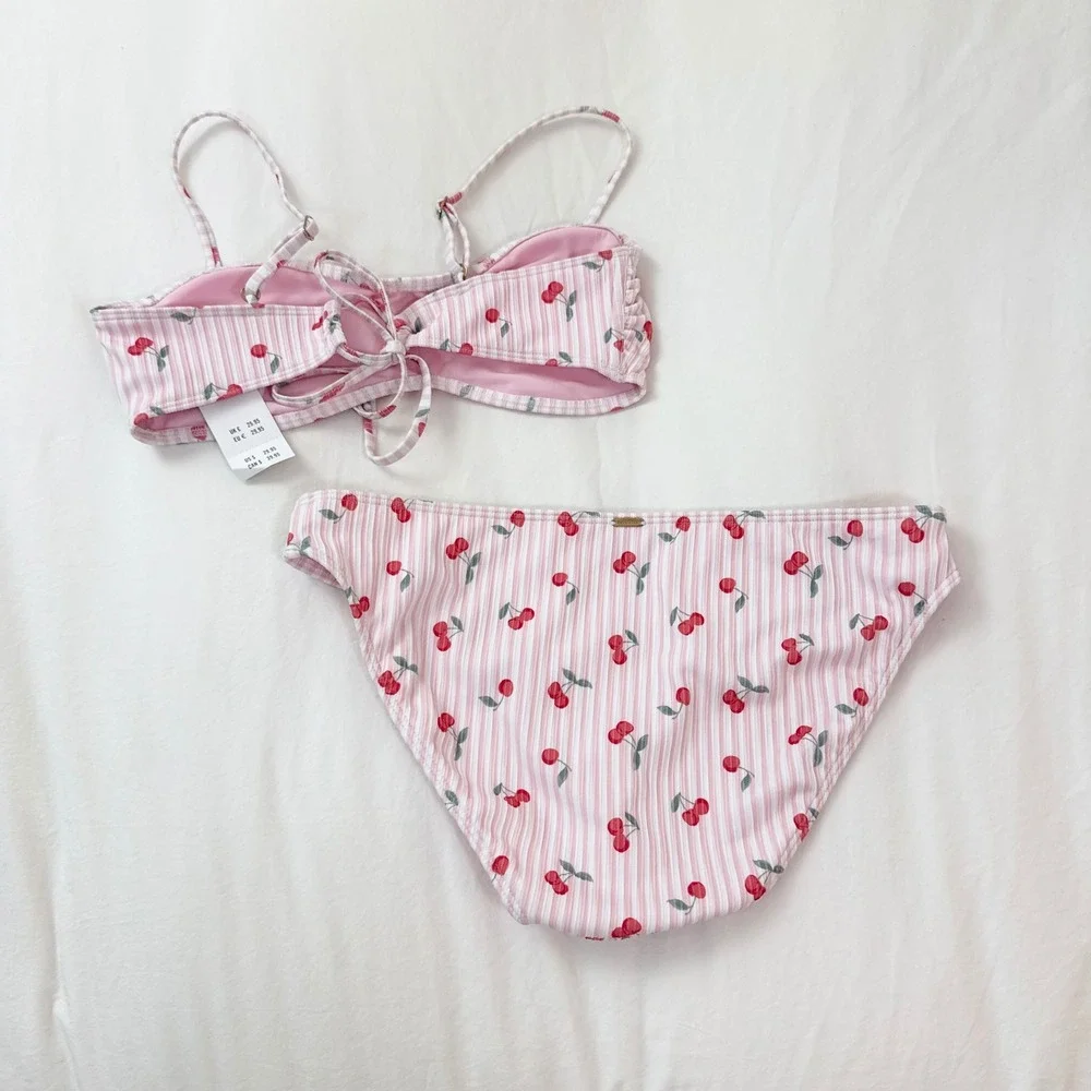 Hollister Cherry Stripe Bikini Set Pink Bandeau Tie Back Size M NWT